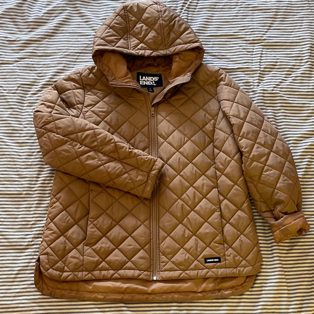 Lands' End Tan Quilted Hooded Coat